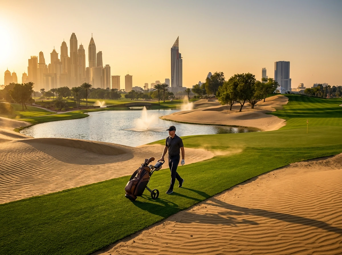 Golfer walking down a scenic desert golf fairway at sunset in Dubai